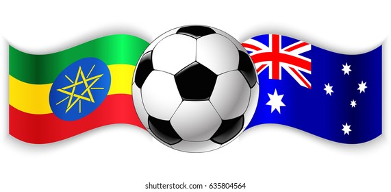 Ethiopian and Australian wavy flags with football ball. Ethiopia combined with Australia isolated on white. Football match or international sport competition concept.