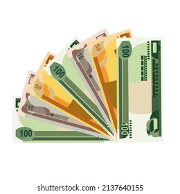Ethiopian Birr Vector Illustration. Ethiopia money set bundle banknotes. Paper money 10, 50, 100 Br. Flat style. Isolated on white background. Simple minimal design.