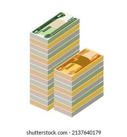 Ethiopian Birr Vector Illustration. Ethiopia money set bundle banknotes. Paper money 10, 50, 100 Br. Flat style. Isolated on white background. Simple minimal design.