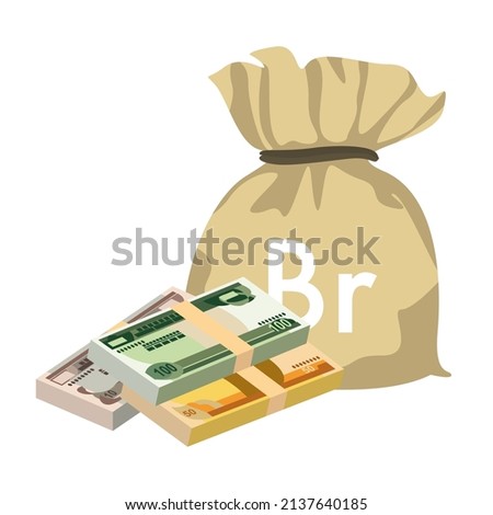 Ethiopian Birr Vector Illustration. Ethiopia money set bundle banknotes. Money bag 10, 50, 100 Br. Flat style. Isolated on white background. Simple minimal design.