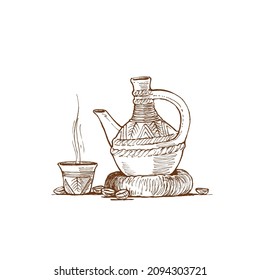 Ethiopian coffee, Jebena vessel for coffee freehand drawing, vector image