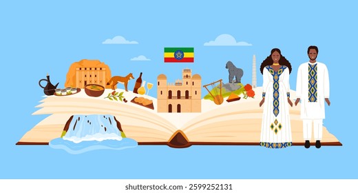 Ethiopian culture elements, food and drink, famous architecture landmarks of Ethiopia in infographic collage with open giant paper book, people in traditional dress cartoon vector illustration