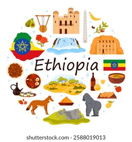 Ethiopian culture elements and landmarks of Ethiopia, coffee, honey wine and food in round infographic banner with title. Landscapes of waterfall, savanna and mountains cartoon vector illustration