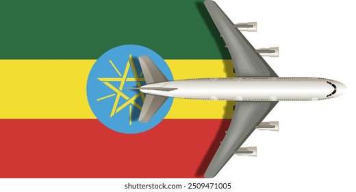 Ethiopian flag with airplane flying over it. Vector image.