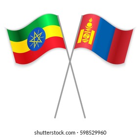 Ethiopian and Mongolian crossed flags. Ethiopia combined with Mongolia isolated on white. Language learning, international business or travel concept.