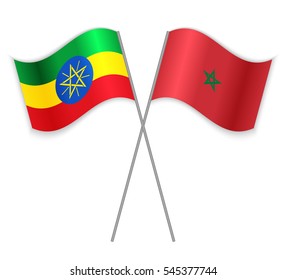 Ethiopian and Moroccan crossed flags. Ethiopia combined with Morocco isolated on white. Language learning, international business or travel concept.