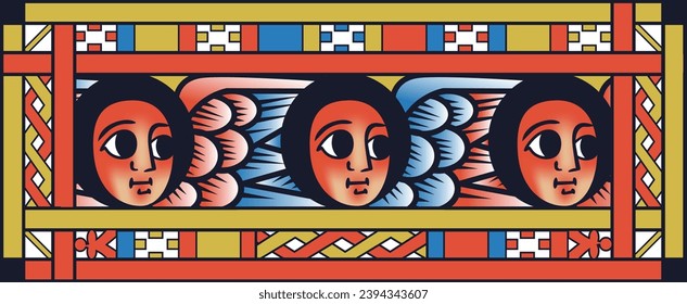 Ethiopian ortodox church Colourful Angels face and wing Pattern. Ethiopian ancient christian arts. illustration. high quality vector.