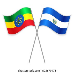 Ethiopian and Salvadoran crossed flags. Ethiopia combined with El Salvador isolated on white. Language learning, international business or travel concept.