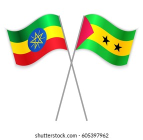 Ethiopian and Sao Tomean crossed flags. Ethiopia combined with Sao Tome and Principe isolated on white. Language learning, international business or travel concept.