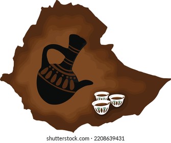 Ethiopian Traditional Coffee Pot (Jebena) And Coffee Cups Inside Ethiopian Map