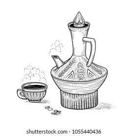 Ethiopian vintage coffeepot and figured cup with a hot drink and a flavored vapor, coffee beans. Vector sketch drawing engraving style. Illustration black and white items of Arabic coffee ceremony.