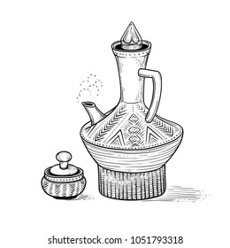 Ethiopian vintage coffeepot with a hot drink and figured pottery folk cup. National coffee ware. Vector sketch drawing engraving style. Illustration black and white items of coffee ceremony.