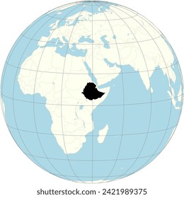 Ethiopia's outline at the heart of the orthographic world projection, emphasizing its cultural and geographical significance in East Africa.