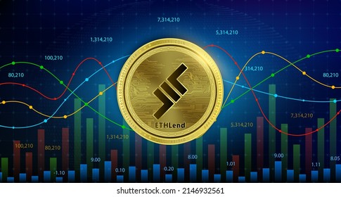 ETHLend (LEND)  coin Cryptocurrency blockchain. Future digital currency replacement technology alternative currency, Silver golden stock chart number up down is background. 3D Vector illustration.