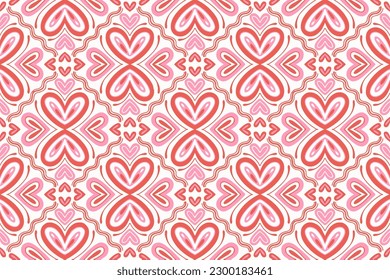 Ethnic 70s Retro Abstract Background cute Valentines Day Love Heart Flower Pink Red motif geometric tribal oriental native pattern traditional carpet wallpaper clothing fabric wrapping print vector