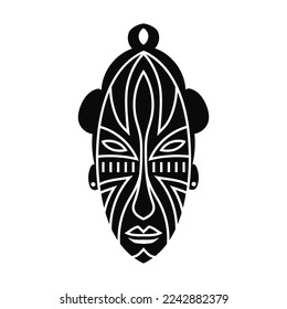 Ethnic aborigine mask. Black totem head of ancient aboriginal deities for religious rituals with ornament of protection from evil forces and ceremonial vector dances