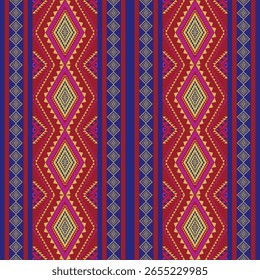 Diseño de fondo rojo y azul del patrón inconsútil del arte abstracto étnico para la alfombra, la cortina, la ropa, la tela, el papel de embalaje, las tejas, los textiles, el batik, la textura y el Fondo de pantalla. Fondo del Vector.
