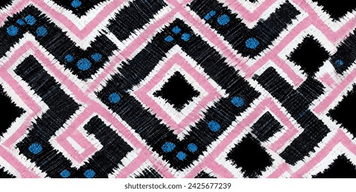 Ethnic abstract background art.Ikat tribal, boho tie die colors seamless wallpaper. Motif ethnic handmade beautiful Ikat art. Ethnic abstract floral pink background art.