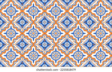 Ethnic Abstract Background cute Blue Orange geometric tribal ikat folk Motif Arabic oriental native pattern traditional design carpet wallpaper clothing fabric wrapping print batik folk knit vector