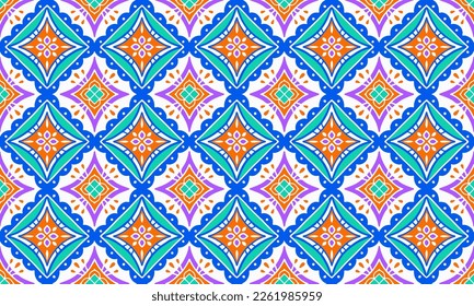 Antecedentes étnico lindo Estrella naranja azul Flor geométrica tribal Motif patrón oriental nativo alfombra de diseño tradicional papel pintado tela de ropa envoltura de tejido de batik de papel vector