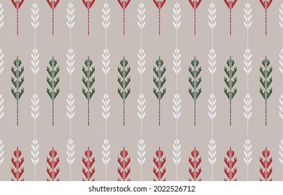 Ethnic abstract fabric gray background. Seamless floral leaf fashion pattern red green in tribal. Aztec geometric art ornament.Design for carpet, wallpaper, clothing, wrapping, fabric, cover, dress.