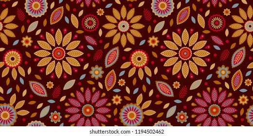 Ethnic abstract flower and leaf elements, seamless repeat pattern. Warm color palette. Trendy abstract style. Great for apparel design, backgrounds, wallpapers, scrapbooking, wrapping paper etc.