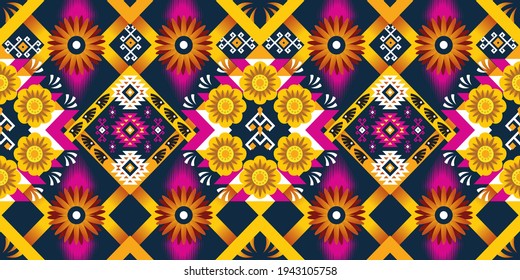 Ethnic abstract flower pattern art. Seamless pattern in tribal, folk embroidery, Tribal cloth style. Aztec geometric art ornament print.Design for carpet,  clothing, wrapping, fabric, cover, textile