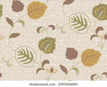 Ethnic abstract flowers and leaves folkloric pattern. Floral vintage elements with branch and exotic leafs. beige color background.