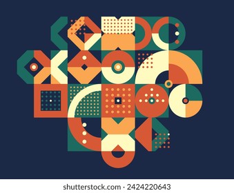 Ethnic abstract geometric background, ceramic look like colors traditional tribal motif, modular mosaic tiles pattern over dark.