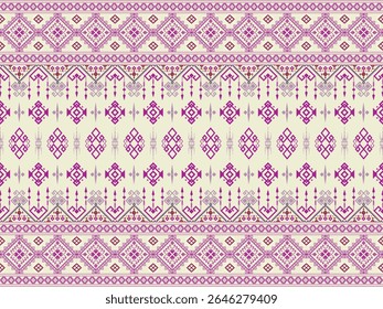 Ethnic abstract geometric fabric pattern with intricate repetition arrangement, using purple and pink tones, light background. Contemporary yet still clearly connected to culture. Textiles, Fashion.