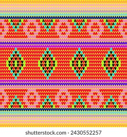 Ethnic Abstract Geometric Pattern seamless red pink green and yellow tones For printing on materials, wallpaper, fabric, report covers, clothing pattern, boxes pattern and other items.