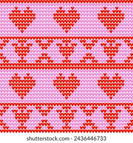 Ethnic Abstract Geometric Seamless Pattern Red Heart Shape pink background For printing on wallpaper materials, fabric covers, reports, clothing patterns, box patterns and other items.