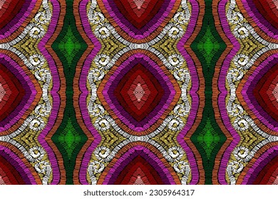 Ethnic abstract ikat art. Seamless pattern in tribal, folk embroidery, and Mexican style. Aztec geometric art ornament print. Vector hand drawn style. Design for fabric.