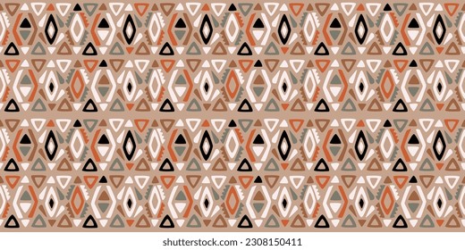 Arte de ikat abstracto étnico. Patrón sin foco en el estilo tribal, popular y mexicano. Impresión de ornamentos de arte geométrico azteca. Diseño para alfombras, papel pintado, ropa, envoltura, tela, cubierta, textil.