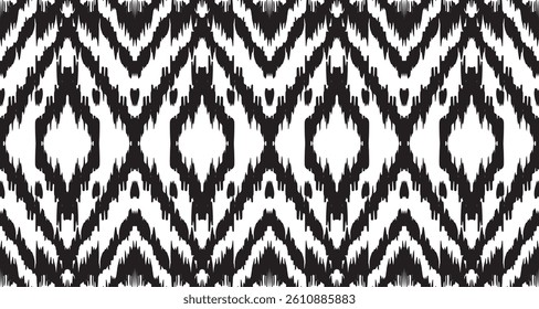 Ethnic abstract ikat art. Seamless Rhombus pattern in tribal, folk embroidery, Mexican style. Aztec geometric art ornament print.Design for carpet, wallpaper, clothing, wrapping. black white color