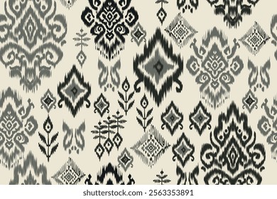 Ethnic abstract ikat fabric artwork with seamless patterns, combining tribal, indigenous and Mexican embroidery with Aztec geometric motifs. Ideal for rugs, wallpapers, throws, fabrics and clothing.