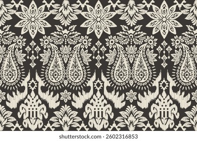 Ethnic abstract ikat fabric artwork with seamless patterns, combining tribal, indigenous and Mexican embroidery with Aztec geometric motifs. Ideal for rugs, wallpapers, throws, fabrics and clothing.