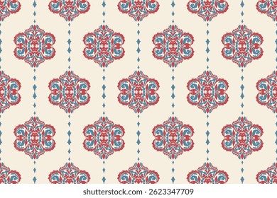 Arte de tecido de ikat abstrato étnico com padrões sem costura, combinando bordados tribais, indígenas e mexicanos com motivos geométricos astecas. Ideal para tapetes, papéis de parede, lances, tecidos e roupas.