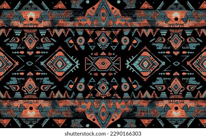 Patrón de ikat abstracto étnico. Patrón sin foco en el estilo tribal, del bordado folclórico, mexicano. Impresión de adorno de arte geométrico azteca.Diseño de alfombras, papel pintado, ropa, envoltura, tela, cubierta, textil