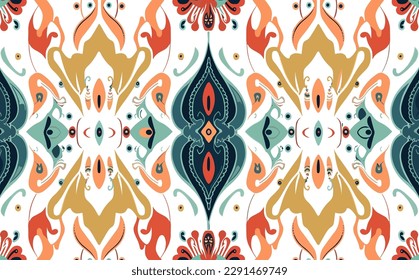 Patrón de ikat abstracto étnico. Patrón sin foco en el estilo tribal, del bordado folclórico, mexicano. Impresión de adorno de arte geométrico azteca.Diseño de alfombras, papel pintado, ropa, envoltura, tela, cubierta, textil