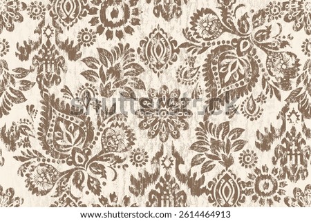 Ethnic abstract ikat patterns of intricate floral and paisley designs in a brown on beige background.Antique Damask tribal embroidery with Aztec motifs.Ideal for rugs, wallpapers, throws, and fabrics 