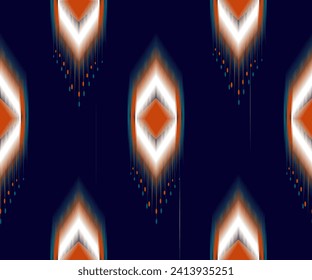 Ethnic abstract, navy blue, orange, green seamless fabric pattern, folk embroidery or textile for garment design. Vector illustration.