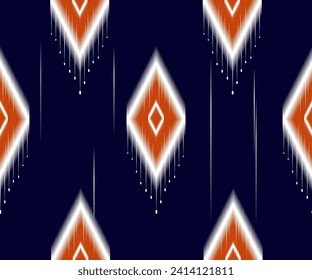 Ethnic abstract, navy blue, white, orange, seamless fabric pattern, folk embroidery or textile for garment design. Vector illustration.
