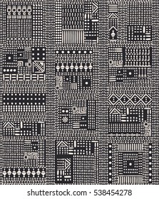 Ethnische abstrakte Ornamente. Nahtloses Muster mit handgezeichneten Design-Elementen. Einfarbige Vektorgrafik auf dunklem Hintergrund.