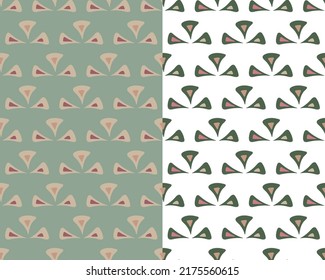 Ethnic abstract ornament seamless patterns, set of 2. Hand drawn triangle decorative organic shapes, boho doodle style, pastel pink grey colors. Transparent background. Vector