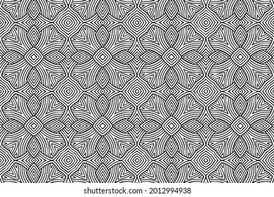 Ethnic abstract pattern, geometric background. Oriental, Asian, Indian handicraft style, doodling technique. Black white template for creativity, coloring, design.
