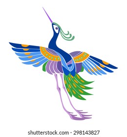 Ethnic abstract pattern magic birds in the Japanese style. Bright neon plumage.