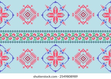 Ethnic abstract pixel art seamless pattern.Geometric ethnic oriental embroidery style.Aztec style.Design for texture,fabric,cloting,carpet,knitewar,curtains,wrapping,batik,scarf,vector,illustration