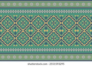 Ethnic abstract pixel art.Fabric seamless pattern in tribal.Bright Pixel Art Fabric Pattern with Geometric Square.American,mexican,indian,bohemian,vector,fabric,clothing,carpet,textile,wrapping,batik