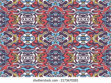 Ethnic abstract seamless pattern in blue, red, white, and yellow colors on the violet background. Can be used for a textile patterns